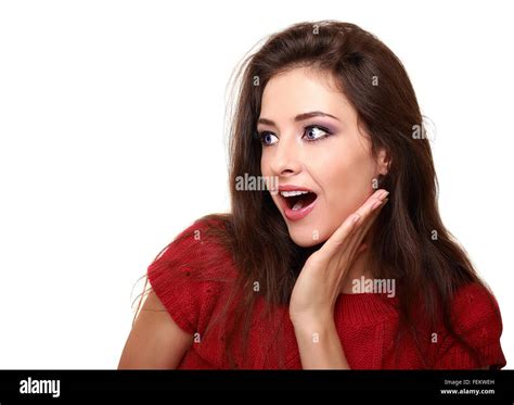 Beautiful Surprised Brunette Woman Looking Isolated On White Background