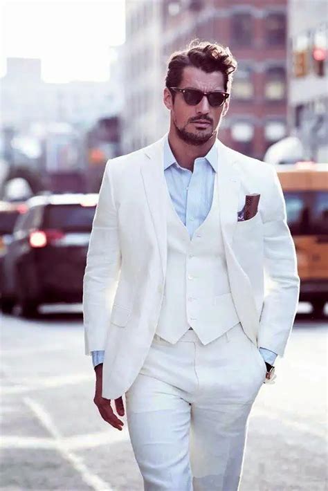 White Grooms Tuxedos Beach Wedding Suits For Men Slim Fit Men Linen