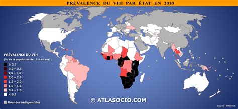 Carte du monde : prévalence du VIH (% population âgée de ...