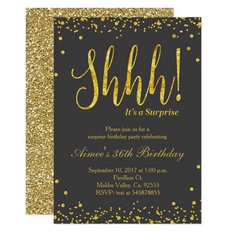 A Black And Gold Birthday Party Card With The Word Shh Its A Surprise