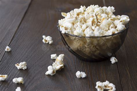 Salty Popcorn On The Wooden Table Stock Image Image Of Healthy Bowl