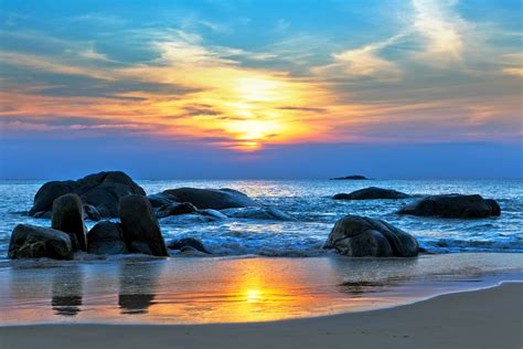 Coast Stones Sky Sunrise Sunset Scenery Sea Ocean Beach