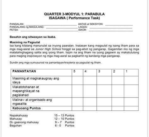 Q3 M1 Parabula Filipino 9 Assignment Teachmint