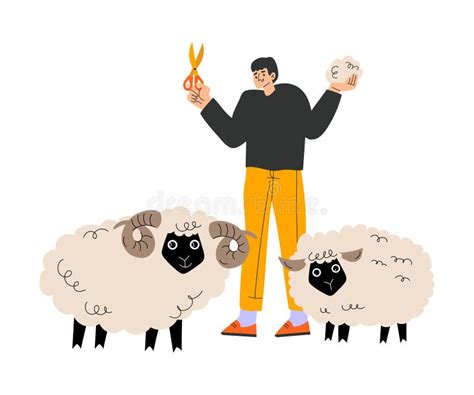 Happy Man Farmer Character Shearing Sheeps Vector Illustration Stock