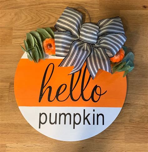 Hello Pumpkin Round Wood Sign Fall Door Hanger Etsy In