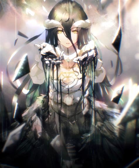 wallpaper albedo overlord black hair boobs cleavage white dress long hair horns