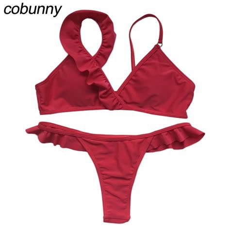 Cobunny Vintage Ruffle Bikini Set Red Solid Push Up Swimsuit Swimwear