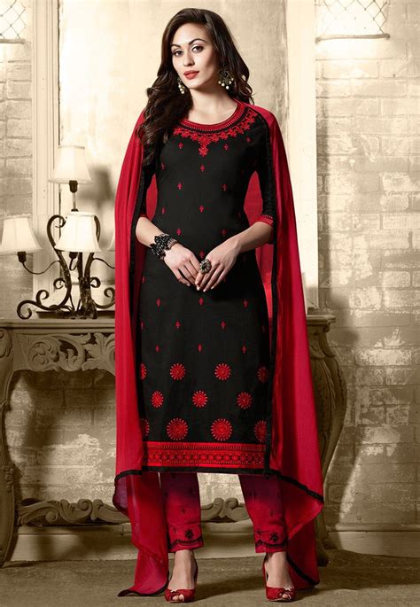 Embroidered Cotton Pakistani Suit In Black Indian Dresses Online