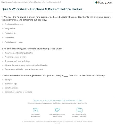Quiz And Worksheet Functions And Roles Of Political Parties