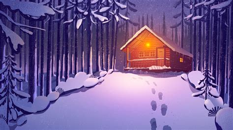 Download Wallpaper 2048x1152 House Forest Snow Footprints Art