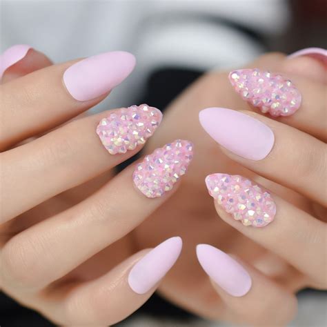 Jelly Pink Glitter Stiletto False Nail Almond Nail Art