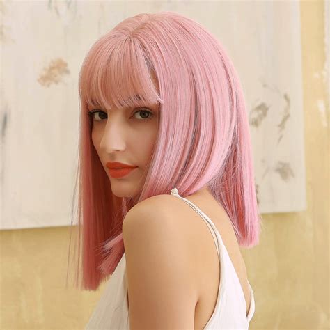 Hair Wig With Bangs Pink Highlights Synthetic Natural Wigs Etsy