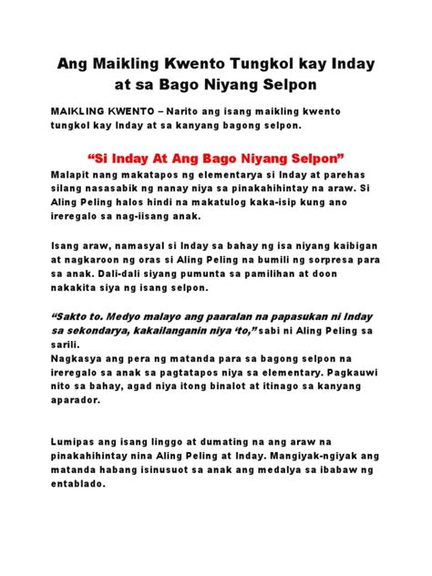 Ang Maikling Kwento Tungkol Kay Inday At Sa Bago Niyang Selpon