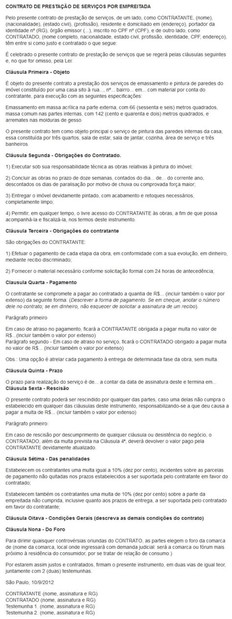 Modelo De Contrato Para Pedreiro Empreitada Ou Por Horas