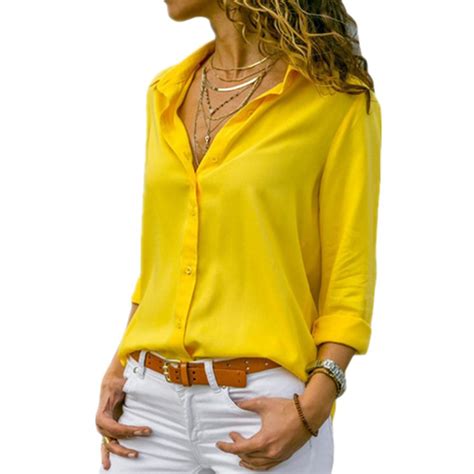 Women Yellow Chiffon Blouse Sexy Autumn Long Sleeve Button Asymmetrical Shirt Female Work Wear