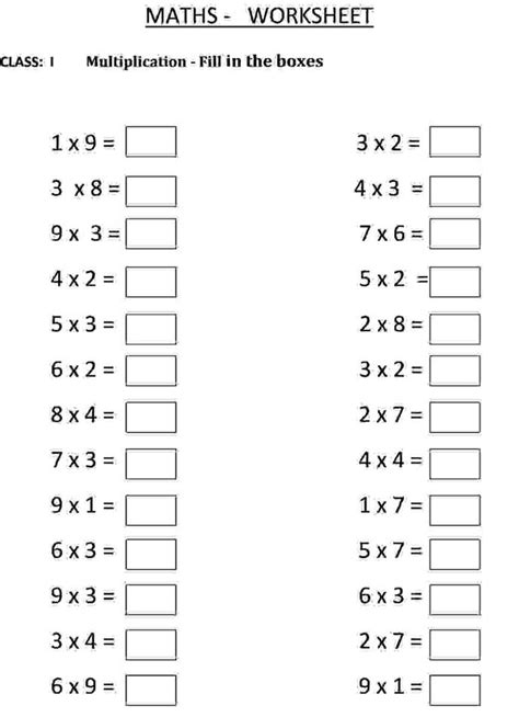 Multiplication Fill In The Blanks Class 1 Maths Worksheet