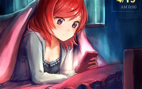 Red Hair Anime Girl Use Phone Wallpaper 1680x1050 Resolution