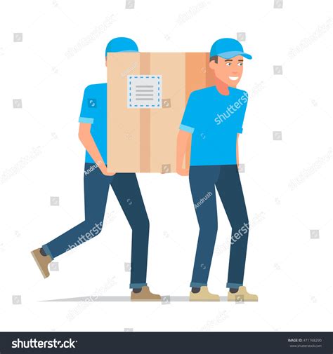 Delivery Service Two Workers Carrying Cardboard เวกเตอร์สต็อก ปลอดค่า
