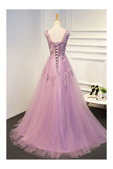 Beautiful Light Purple Beaded Lace Long Prom Dress Tulle 13066