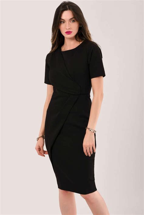 Black Pleat Detail Wrap Dress Black Work Dresses Fitted Pencil Dress