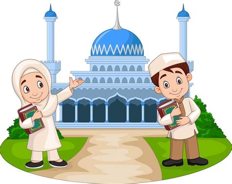 Happy Cartoon Muslim Kids In Front Of Mosque 5162043 Vector Art At Vecteezy