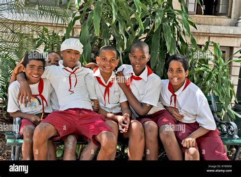 Havana Cuba May 5 2009 A Group Of Six Young Boys Posing In School