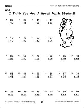 Most worksheets have double digit problems. Great Math Student (Two-Digit Addition With Regrouping) | Printable Skills Sheets