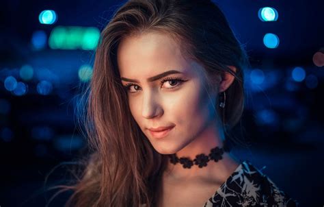 Wallpaper Look Night Lights Glare Background Model Portrait Makeup Hairstyle Brown Hair