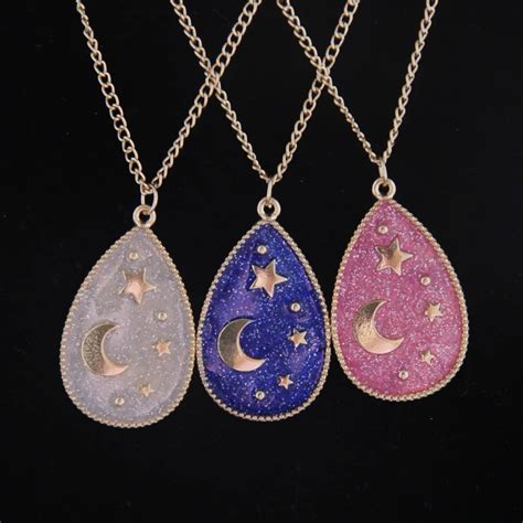 Gothletic Teardrop Metal Pendant Necklace Gold Color Handmade Star Moon