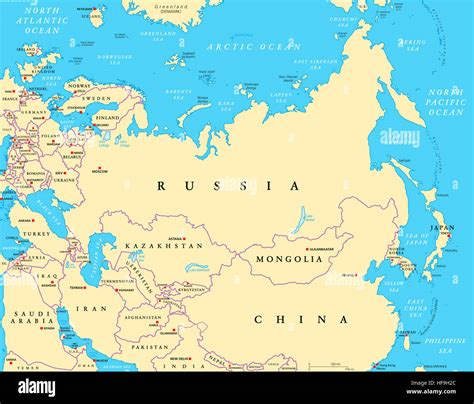 Eurasia Politische Karte Mit Hauptstädten Und Nationale Grenzen Hinweg