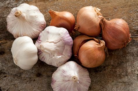 Fresh Raw Whole Garlic Bulbs And Onions Stock Photo Download Image