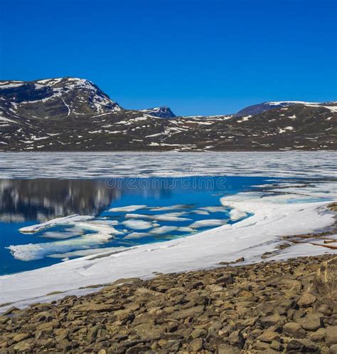 Frozen Turquoise Lake Vavatn Panorama In Summer Landscape Hemsedal