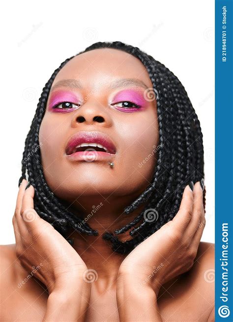 portrait of happy african american girl pink make up visage white background stock image