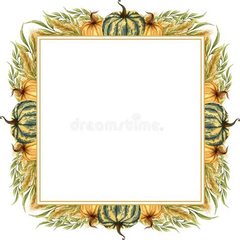 Watercolor Frame With Autumn Pumpkins Floral Arrangement With Color