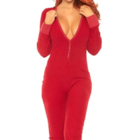 Leg Avenue Intimates And Sleepwear Leg Avenue Red Brushed Rib Vneck Long Johns With Cheeky