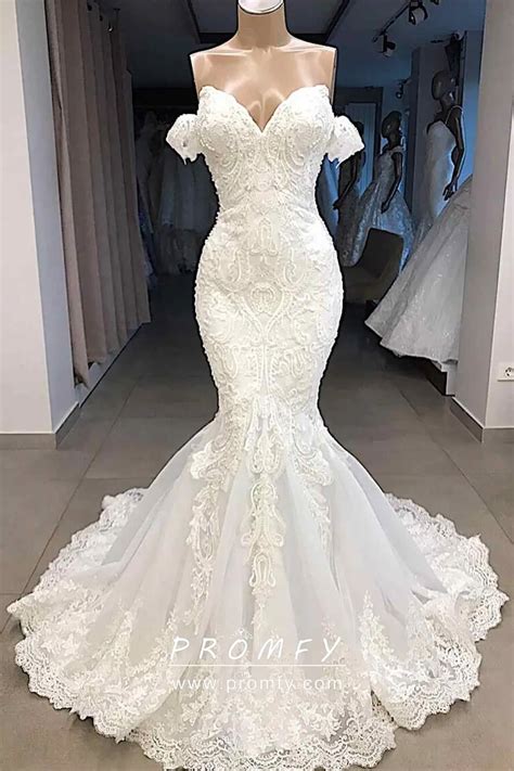 off the shoulder lace mermaid chic wedding dress promfy