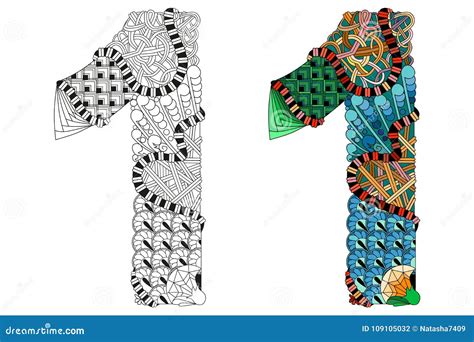 Number One Zentangle For Coloring Vector Decorative Object Stock