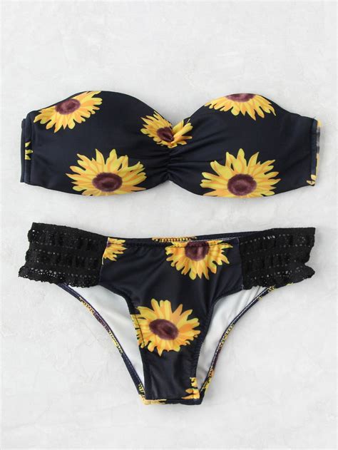 Sunflower Ruched Front Bandeau Top With Lace Side Bikini Makemechic