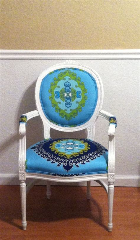 Louis Xvi Upholstered Arm Chairs In Trina Turk Fabric Aqua Navy Blue