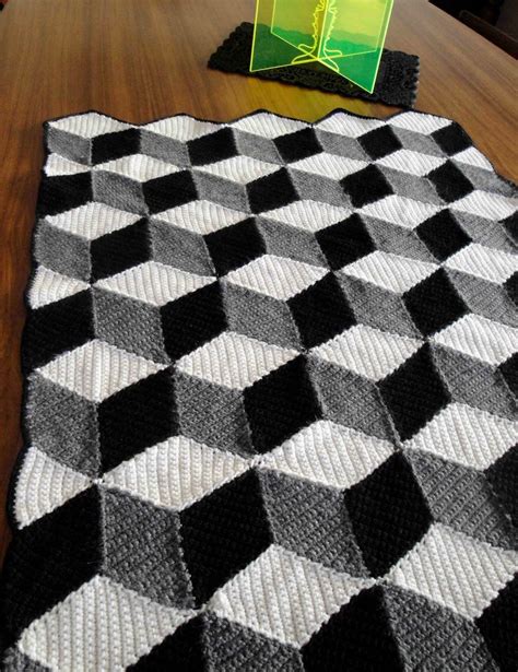 Isometric Blanket Afghan Geometric Black White And Grey