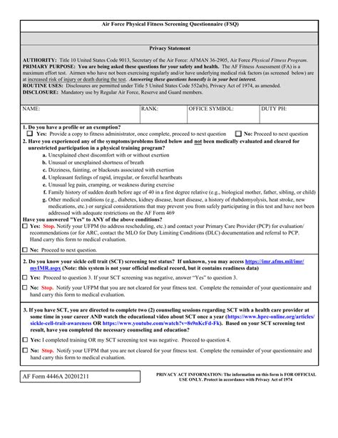 Air Force Fitness Screening Questionnaire Airforce Military