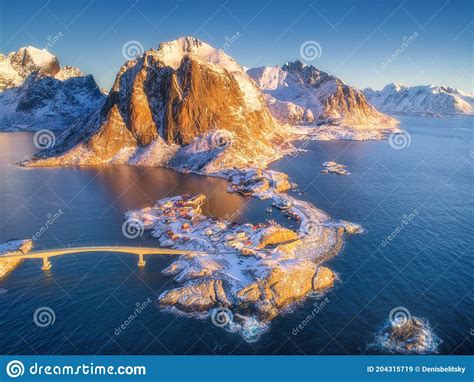 Aerial View Of Hamnoy At Sunrise In Winter Lofoten Islands Stock Image