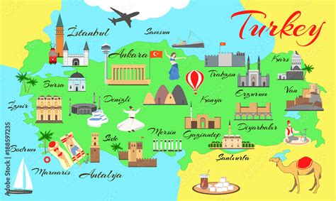Map Of Turkey With Main Sights For Tourists Turkish Attraction Stock