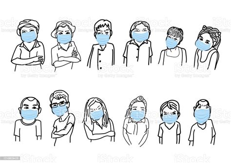 Menggambar Sekelompok Orang Memakai Masker Bedah Ilustrasi Stok Unduh