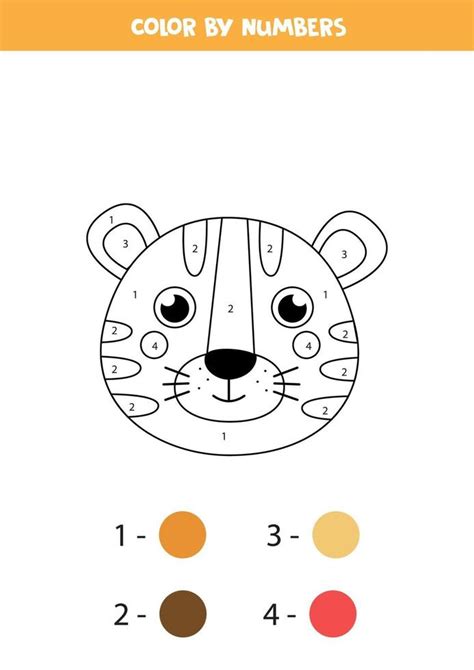 Color Cute Fox Tiger By Numbers Worksheet For Kids 2171858 Vector Art