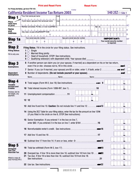 Fillable Form 540 2ez California Resident Income Tax Return 2003