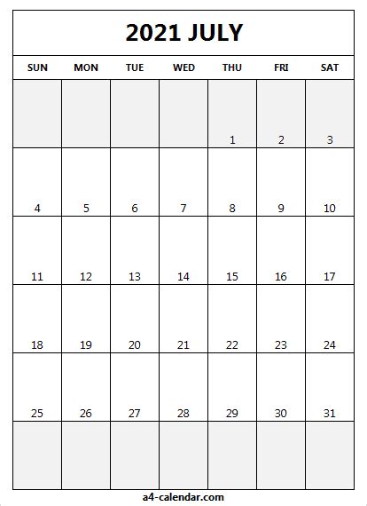 These calendars will help you plan and manage your tasks more productively. July 2021 Calendar Vertical - A4 Calendar