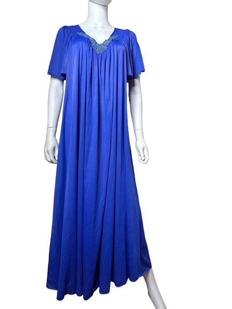 Blue Vintage Miss Elaine Long Nightgown Nylon Gown Flutter Sleeves S