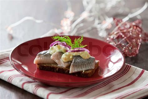 Traditional Danish Christmas Food For Lunch Pickled Herring On Rye