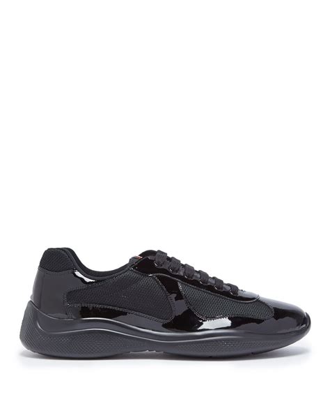 Prada Americas Cup Patent Leather And Mesh Trainers In Black For Men